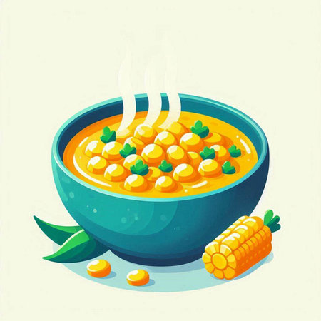 Vegetable soup in a bowl with corn. Vector illustration.のイラスト素材