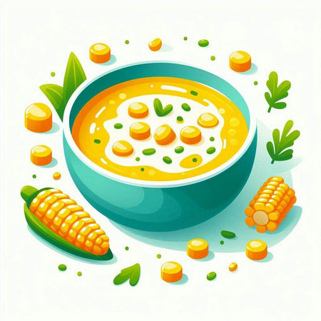 Vector illustration of a bowl of corn soup on a white background.のイラスト素材