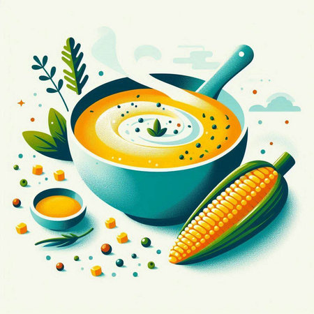Vegetable soup with corn in a bowl. Vector illustration.のイラスト素材