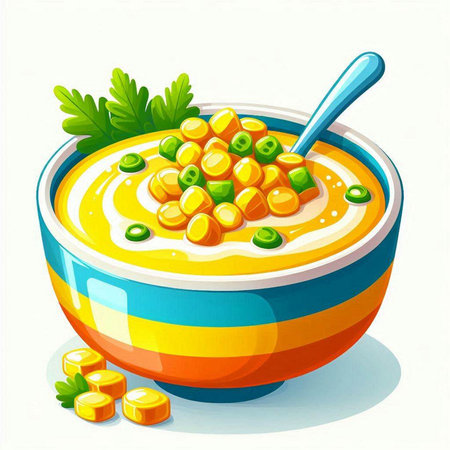 Illustration of a bowl of vegetable soup on a white background.のイラスト素材