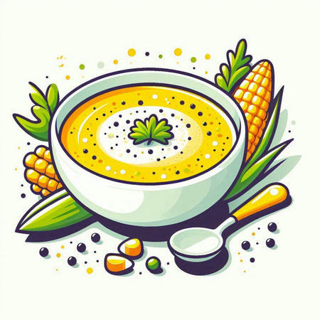 Illustration of bowl of corn soup garnished with parsley leavesのイラスト素材