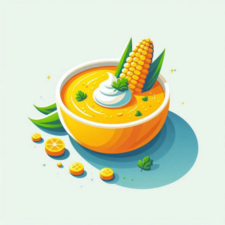 Vegetable soup with cream and corn on the cob. Vector illustration.のイラスト素材