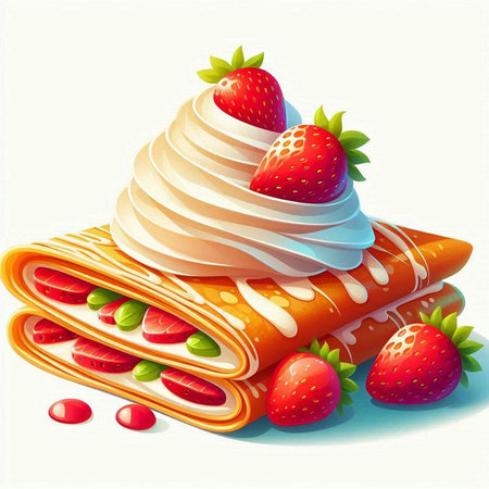 pancakes with cream and strawberries on a white background, vector illustrationのイラスト素材