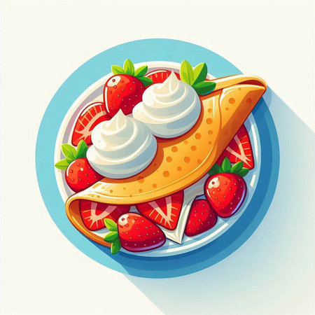 Pancakes with strawberries and whipped cream in a plate. Vector illustration.のイラスト素材