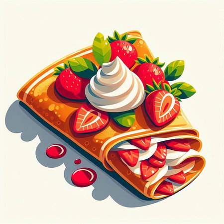 Pancakes with strawberries and whipped cream on a white background.のイラスト素材