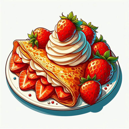 Vector illustration of a stack of pancakes with strawberries and whipped cream.のイラスト素材