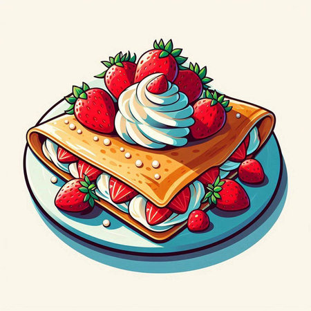 Pancakes with strawberries and whipped cream. Vector illustration in retro style.のイラスト素材