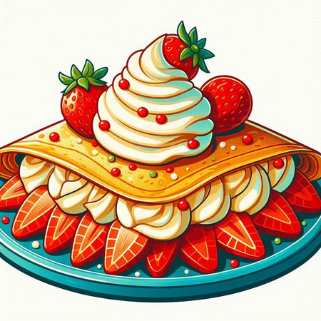 Crepes with whipped cream and strawberry on a plate. Vector illustration.のイラスト素材
