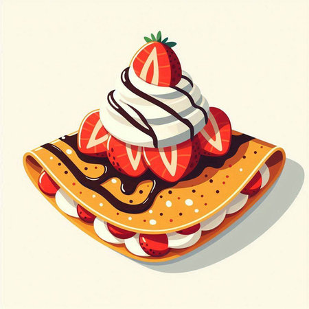 Strawberry cake with whipped cream and chocolate sauce. Vector illustration.のイラスト素材