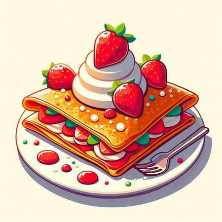 Illustration of a stack of pancakes with strawberries and whipped cream.のイラスト素材