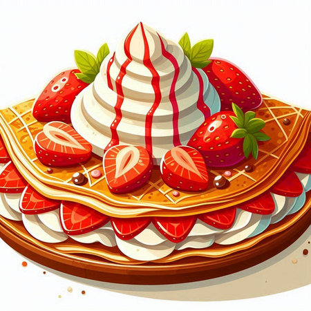 Illustration of a waffle with strawberries and whipped cream on a white backgroundのイラスト素材