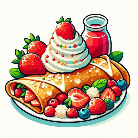 Pancakes with cream, strawberries and whipped cream. Vector illustration.のイラスト素材
