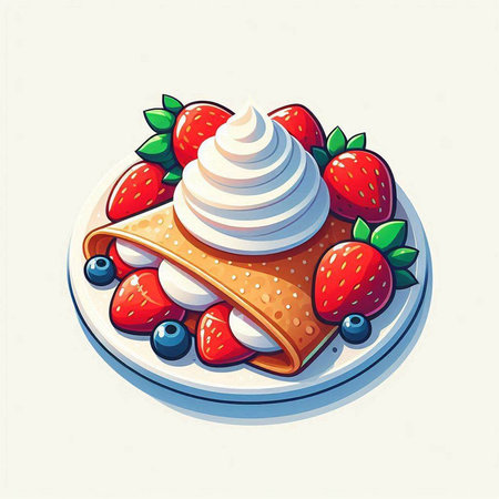 Pancakes with whipped cream and fresh berries. Vector illustration.のイラスト素材