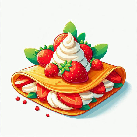 Strawberry crepe with whipped cream and strawberries. Vector illustration.のイラスト素材
