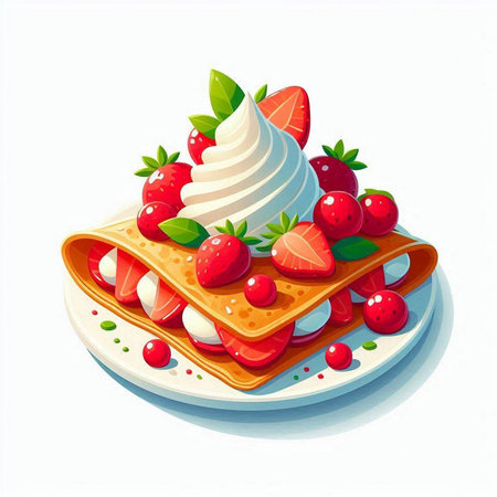 Pancakes with strawberries, whipped cream and mint. Vector illustration.のイラスト素材
