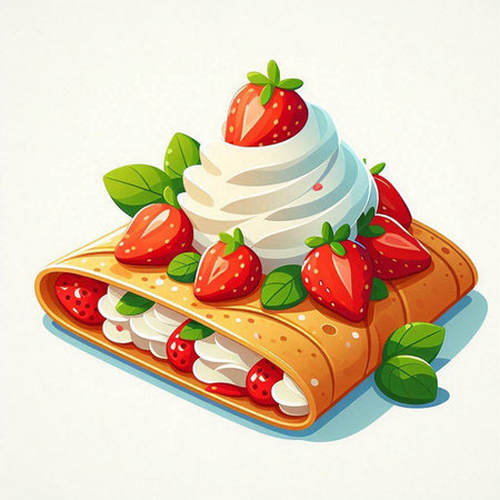 Strawberry crepe with whipped cream and mint. Vector illustration.のイラスト素材
