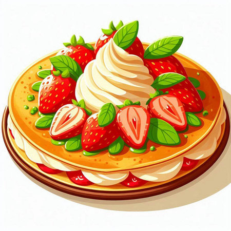 Illustration of a pancake with strawberries and whipped cream on a white backgroundのイラスト素材