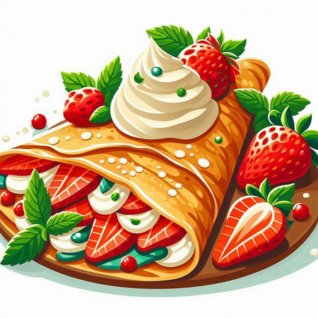 Pancakes with strawberries, cream and mint. Vector illustration.のイラスト素材