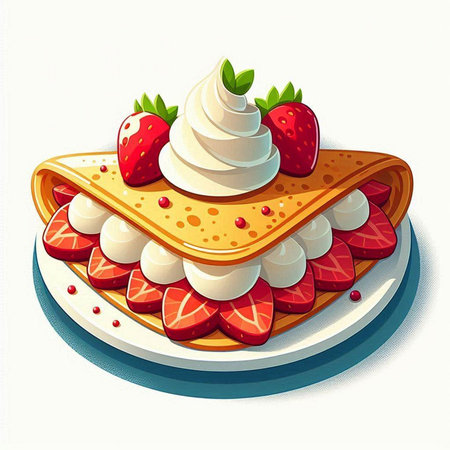 Vector illustration of a piece of cake with berries and chocolate syrup.のイラスト素材