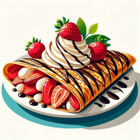 Pancakes with strawberries, whipped cream and chocolate. Vector illustration.のイラスト素材