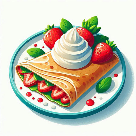 Pancakes with strawberries, whipped cream and mint. Vector illustration.のイラスト素材