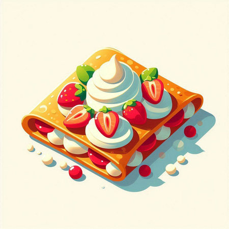 Crepes with whipped cream and strawberries in cartoon style. Vector illustration.のイラスト素材