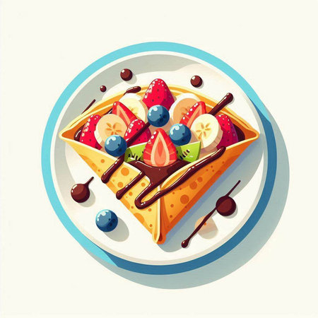 Vector illustration of belgian waffles with berries and chocolate sauce.のイラスト素材