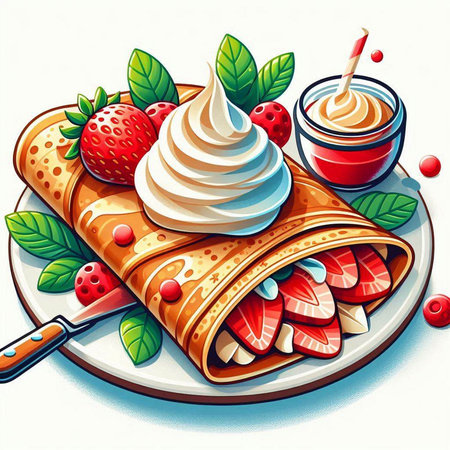 Crepes or crepes with whipped cream and berries. Vector illustration.のイラスト素材