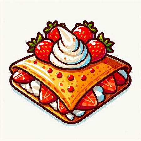 Illustration of a stack of pancakes with whipped cream and strawberries.のイラスト素材