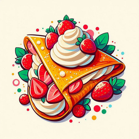 Vector illustration of a piece of cake with whipped cream, strawberries and mint.のイラスト素材