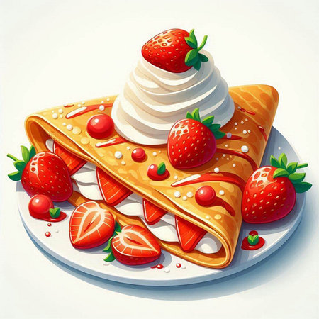 Pancakes with whipped cream and strawberries on a white background.のイラスト素材