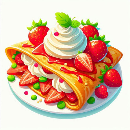 Delicious pancakes with whipped cream, strawberries and mint. Vector illustration.のイラスト素材