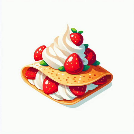 Sweet pancakes with whipped cream and strawberries isolated on white background. Vector illustration.のイラスト素材