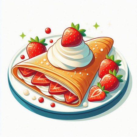 Illustration of pancakes with strawberries and whipped cream on a white backgroundのイラスト素材