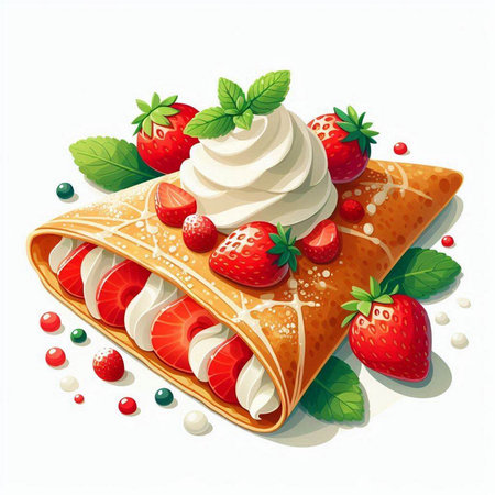 Pancakes with strawberries, whipped cream and mint. Vector illustration.のイラスト素材