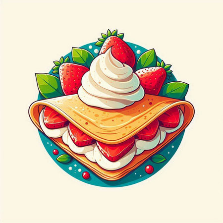 Vector illustration of a stack of pancakes with strawberries and whipped cream.のイラスト素材