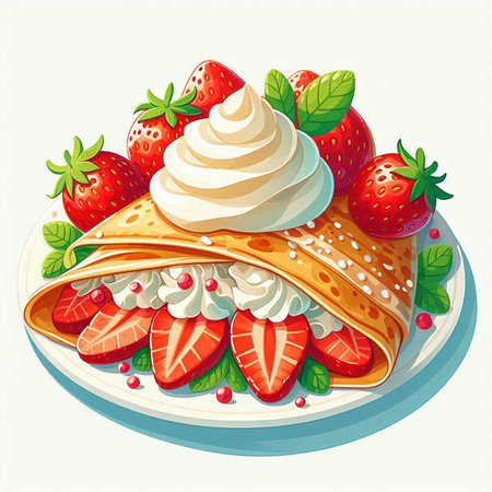 Crepes with whipped cream and strawberries on a plate. Vector illustration.のイラスト素材