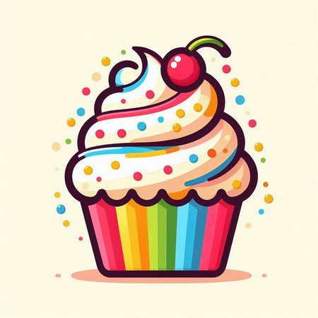 Cupcake with cherry and sprinkles. Hand drawn vector illustration.のイラスト素材