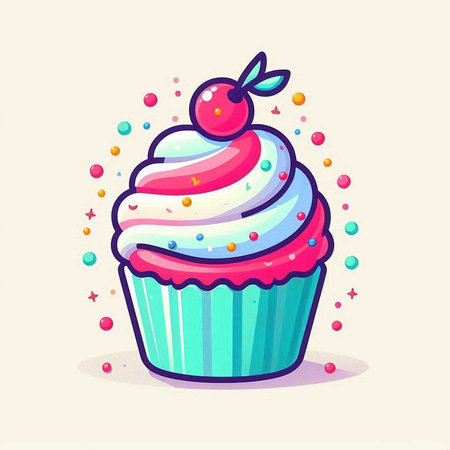 Cupcake with cherry and colorful sprinkles. Vector illustration.のイラスト素材