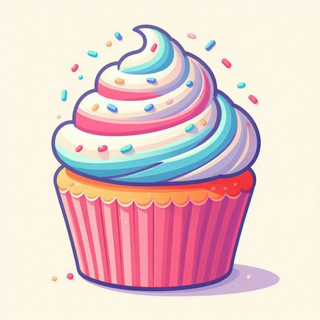 Illustration of a cupcake with colorful sprinkles on a white backgroundのイラスト素材