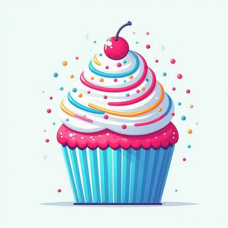Cupcake with cream and cherry on top. Vector illustration.のイラスト素材