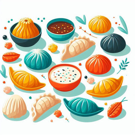 Vector illustration of Chinese dumplings with various fillings in flat styleのイラスト素材