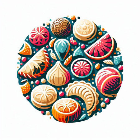 Colorful vector illustration of different sweet desserts in a round shape.のイラスト素材
