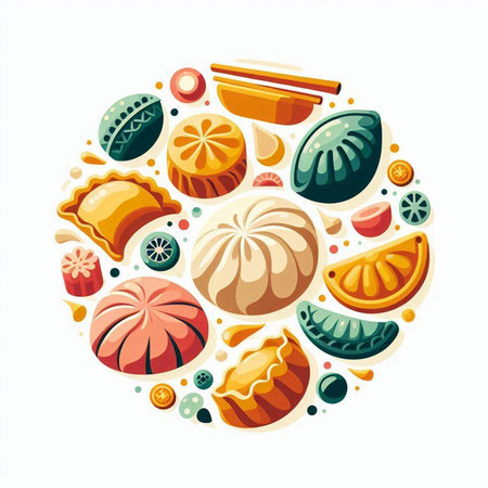 Vector illustration of a round composition with different kinds of dumplingsのイラスト素材
