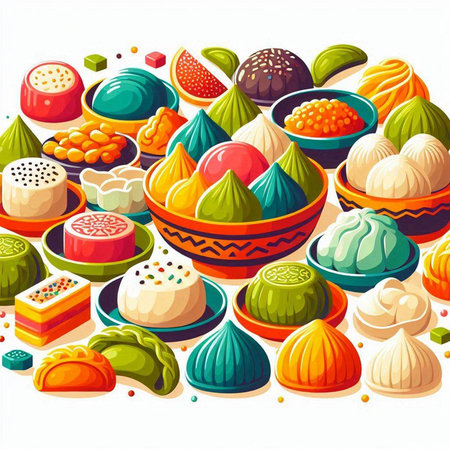 Colorful Indian sweets and candies in bowls. Vector illustration.のイラスト素材