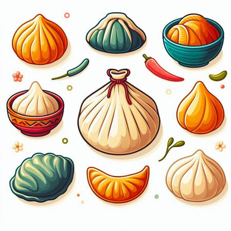 Illustration of a set of oriental dumplings on a white backgroundのイラスト素材