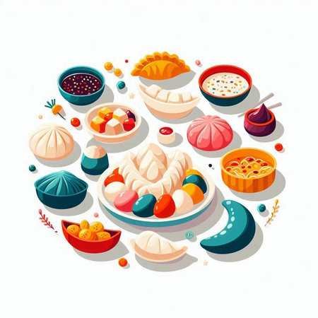Chinese food round composition with chinese dumplings on white background vector illustrationのイラスト素材