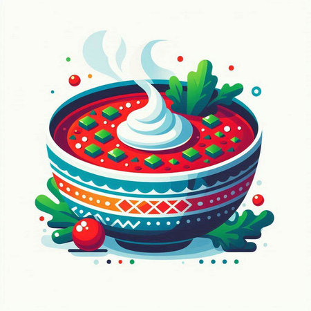 Vector illustration of a bowl of borscht with sour cream.のイラスト素材