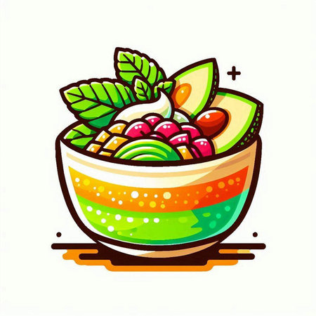 Colorful vector illustration of bowl of oatmeal with fruits and vegetablesのイラスト素材