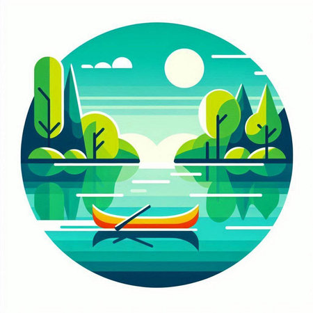 Fishing boat on the lake. Vector illustration of a flat design.のイラスト素材